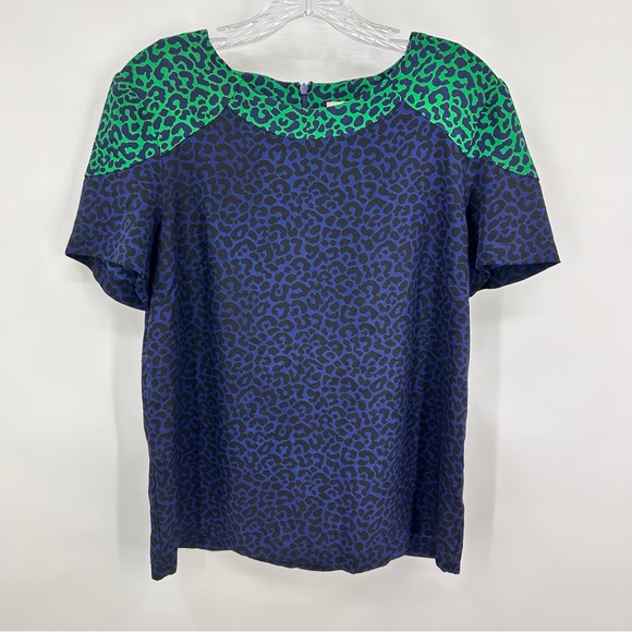Sea New York NWT Silk Leopard Cheetah Print Blouse Shirt Top Blue Green Size 6 - Picture 1 of 7